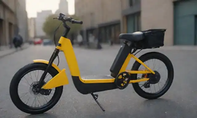 3D rendering, urban background, close-up shot, electric bike, RadRunner model, sleek design, comfortable seating, storage basket, load space, bold colors, dynamic pose, riders perspective, bright lighting, and modern cosmetic