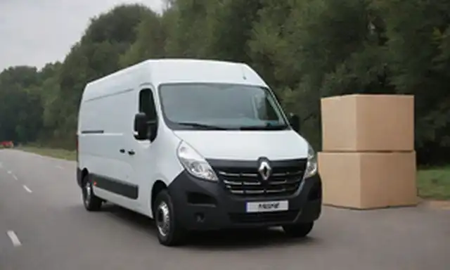 3D ilustración de Renault Master eléctrico, vista frontal mostrando diseño elegante, cable de carga en acción, 460 km de autonomía resaltado, espacio de carga lleno de cajas, y 1,625 kg de capacidad enfatizada por gráficos de escala