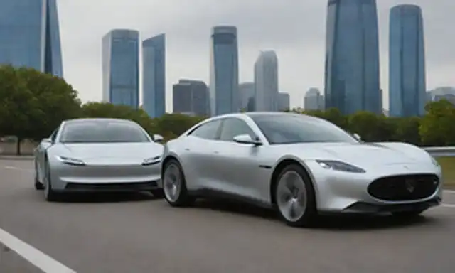 2 coches elegantes, eléctricos lado a lado, Revero y Revero GT modelos, plata y colores blancos, faros LED, diseños aerodinámicos, cable de carga en el fondo, paisaje urbano o configuración de carreteras