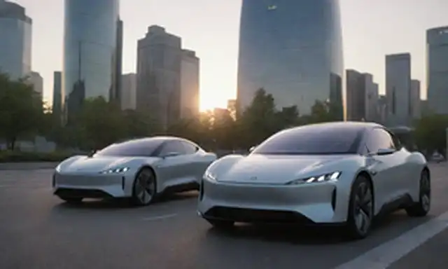 2 coches eléctricos elegantes estacionados lado a lado en una calle moderna de la ciudad al atardecer