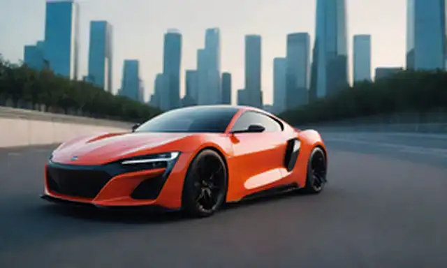 ilustración 3D de auto deportivo elegante y híbrido con colores atrevidos, paneles de cuerpo de fibra de carbono y líneas aerodinámicas, enmarcadas en un futurista paisaje urbano o circuito de fondo, rodeado de sutiles toques de diseño italiano como hexágonos y formas trapezoidales
