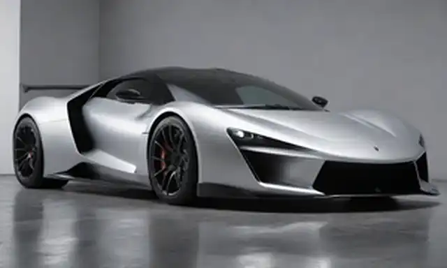 3D renderizado supercar, diseño elegante y angular, color metálico plateado, tomas de aire prominentes, arcos de rueda aplanadas, puertas tijeras, ruedas poderosas, faros LED, spoiler trasero con freno de aire integrado