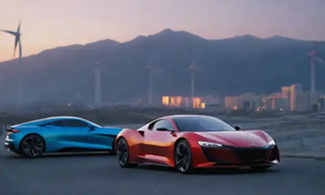 4 coches elegantes y futuristas en varias poses y colores, ubicados en un telón de fondo de paisaje urbano con luces de neón, montañas a la distancia, turbinas de viento en tejados, personas caminando o ciclismo, con paneles solares integrados en fachadas de construcción