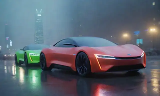 4 coches eléctricos elegantes en colores futuristas, contra un fondo de paisaje urbano, con luces de neón y niebla de mal gusto, mostrando características de diseño innovador, líneas aerodinámicas, y faros brillantes