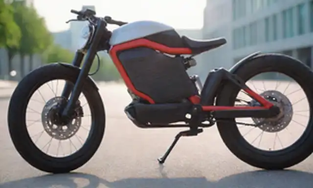 primer plano de motor eléctrico, diseño elegante y moderno, colores vibrantes, componentes de alta tecnología, batería, líneas futuristas, pose dinámica, marco de bicicleta con ruedas, paisaje urbano, día soleado, fondo borroso, luces brillantes, sombras, efectos de iluminación sutil
