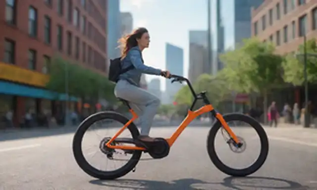ilustración 3D de una bicicleta eléctrica con diseño elegante, esquema de colores vibrantes, líneas atrevidas, entorno urbano con paisaje urbano y gente caminando o montando bicicletas, pose dinámica para transmitir sentido de movimiento y libertad, enfoque suave en el fondo para destacar bicicleta