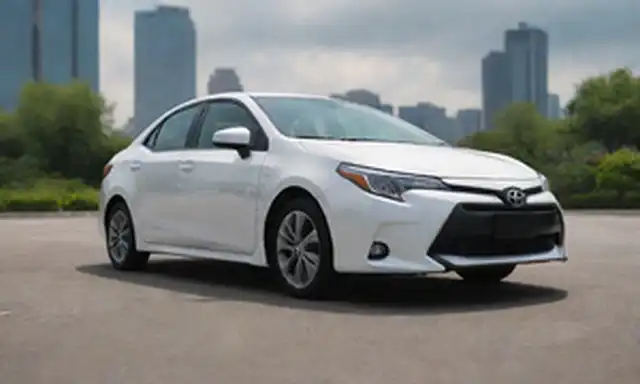 coche sedan, modelo híbrido, logotipo de Toyota Corolla, blanco y plata esquema de colores, fondo de paisaje urbano, día soleado con pocas nubes, atmósfera relajada