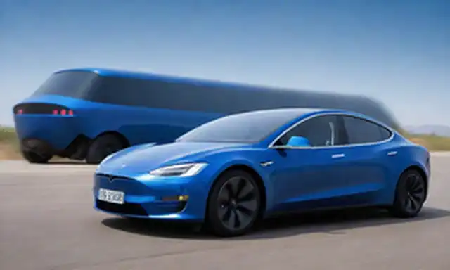 Una fusión de un elegante y futurista coche Tesla y un asequible y robusto vehículo Dacia, situado en un fondo azul brillante con sutiles patrones de circuito eléctrico; los dos coches se fusionan perfectamente en uno, simbolizando la innovación y la practicidad; líneas y formas atrevidas crean tensión visual, transmitiendo un sentido de emoción y sorpresa
