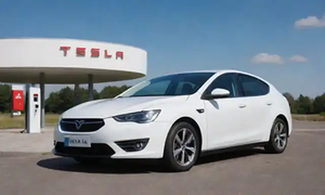Un coche blanco Dacia con una placa roja de Tesla a su lado, estacionado frente a un cielo azul brillante con nubes blancas suaves, junto a una estación de carga con un enchufe elegante Tesla cargador