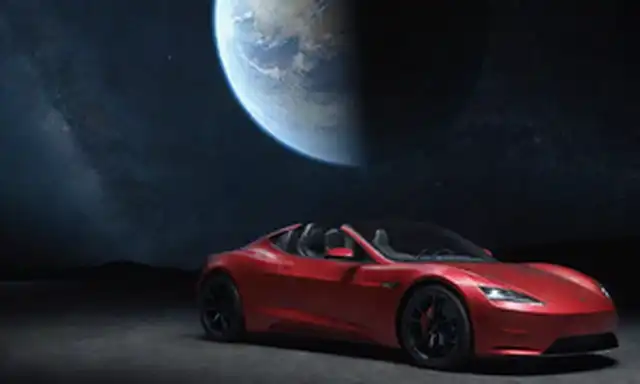 2023 Tesla Carretero en el espacio con Venus y la Tierra visible en el fondo, rodeado de estrellas y galaxias, posiblemente mostrando una trayectoria del curso de colisión entre los tres objetos, con los roadters diseño elegante iluminado por la luz solar o luz reflejada, contra un cielo azul oscuro o negro