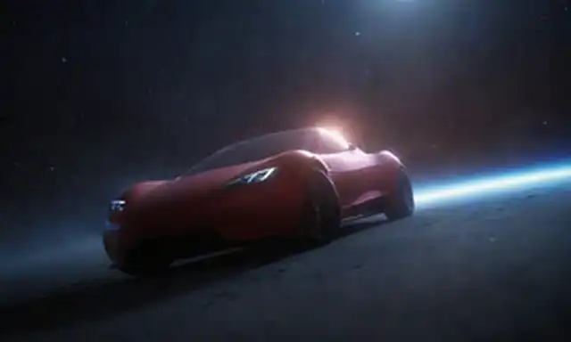 2008 Tesla Roadster que se eleva a través de la galaxia