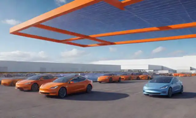3D rendering of a futuristic factory, blue sky with fluffy clouds, solar panels on rooftop, electric cars in production line, workers in orange chalecos and hard hats, Tesla logo on wall sign, gleaming machinery in background, hint of Spanish architecture in design
