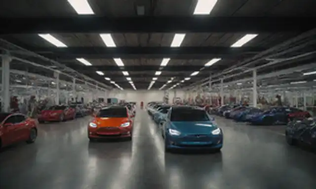 Un almacén futurista con arquitectura elegante, una gigantesca estación de carga de automóviles eléctricos, hileras de autos brillantes en líneas de montaje, un logotipo masivo de Tesla incrustado en el lado, luces de neón por la noche, un piso de fábrica bullicioso, metal de soldadura de armas robóticas, maquinaria innovadora, fuentes de energía sostenible