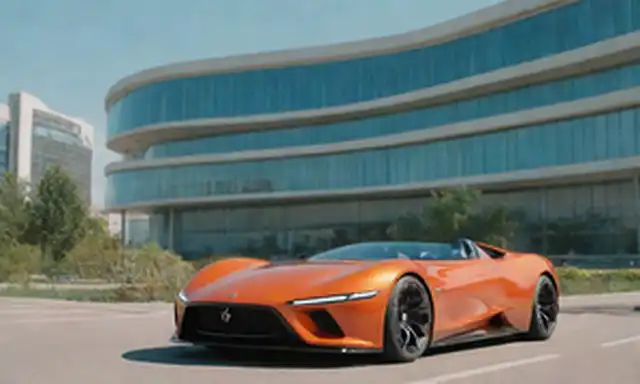 Una fábrica de automóviles futurista, arquitectura moderna, paisaje urbano valenciano en el fondo, brillante azul y naranja, tecnología innovadora, maquinaria de alta tecnología, vegetación alrededor del edificio, día soleado