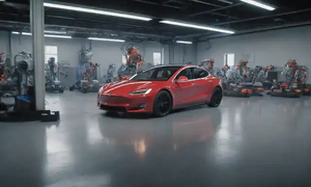 3D render of a futuristic factory floor with robots assembling electric cars, Teslas iconic logo on the wall, and a cityscape in the background; sutil LED light highlights machinery and production process; ambient shadows acentuuate industrial scale; vibrant colors emphasize innovative technology