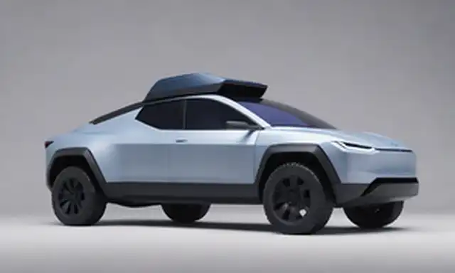 2022 Tesla Cybertruck, azul eléctrico y cuerpo de plata, ruedas detalladas, puertas abiertas y capucha, interior miniatura con controles de panel, diseño intrincado en el techo, múltiples piezas incluidas en el conjunto, colorido contenido de caja, modelo de escala, ilustración de renderizado de alta calidad
