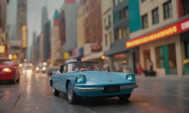 Paisaje urbano futurista de estilo 1960 con edificios elegantes y coches voladores, modelo icónico de coches eléctricos Tesla exhibido prominentemente en medio de ladrillos de Lego coloridos, detalles caprichosos como mini-figuras y pequeños propulsores que rodean el vehículo, efecto de iluminación caliente dando una sensación de nostalgia y retro-futurismo, uso lúdico de colores y texturas para evocar sentido de imaginación y creatividad
