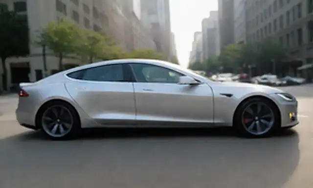 2022 Tesla Modelo S sedán, diseño elegante, color plata, luces diurnas puestas, ruedas de aleación con rueda deportiva, pose dinámica en un paisaje urbano, posiblemente cerca de una carretera o zona urbana, sombras de sol