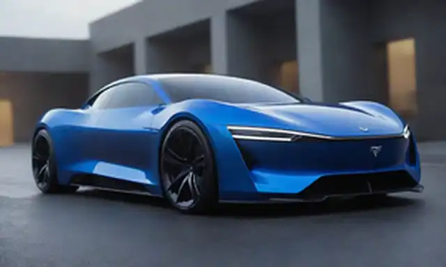 coche similar al sedán con diseño elegante, color azul eléctrico, faros LED futuristas, líneas aerodinámicas, puerto de carga sutil en panel lateral, diseño de rueda distintivo, y un spoiler trasero moderno