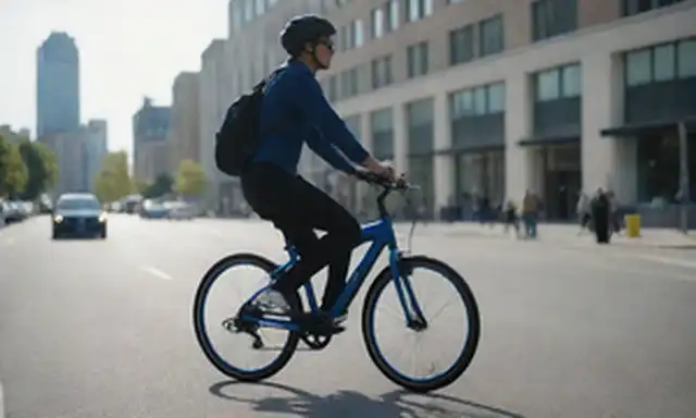 Una bicicleta negra elegante con acentos azules eléctricos, un diseño moderno, una persona montando en una calle de la ciudad, luz solar brillante, paisaje urbano, peatones caminando por, edificios en el fondo, un sentido del movimiento y el dinamismo, una pista de tecnología