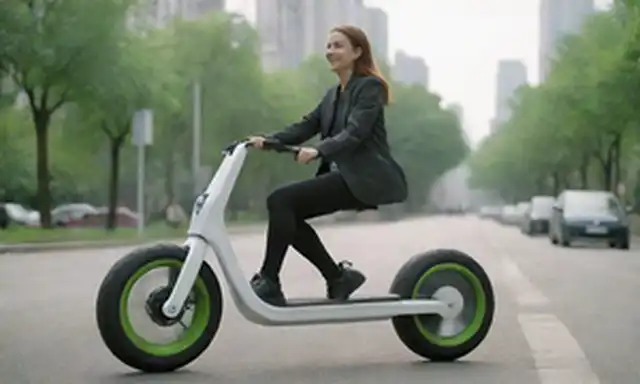 2 ruedas, diseño elegante, bicicleta eléctrica, paisaje urbano, paseo por persona, sonrisa, modernidad, libertad, vegetación, vida urbana, tecnología innovadora, futurista, alta tecnología, vanguardia