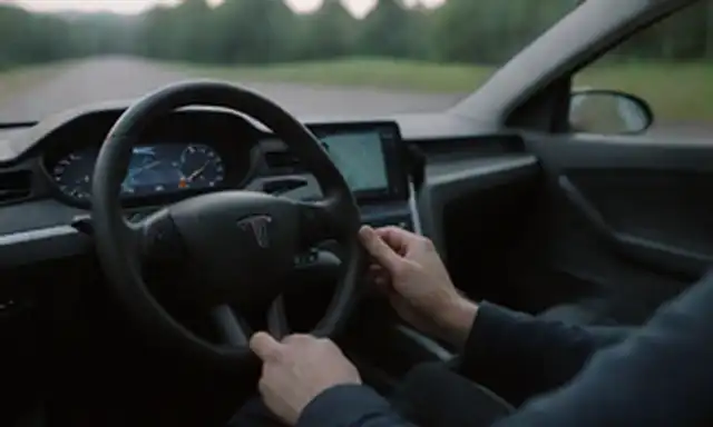 3D render of a Tesla Yugo volante con las manos agarrarla desde diferentes ángulos, los dedos descansando en botones y controles, la mirada de los conductores enfocada en el camino por delante, rodeando interior dimly iluminado, dashboard y asientos borrosos, insinuando un escenario cotidiano