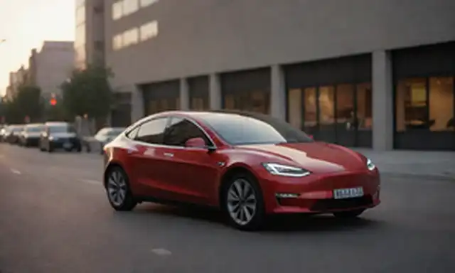 2023 Tesla Yugo estacionado en una calle de la ciudad al atardecer