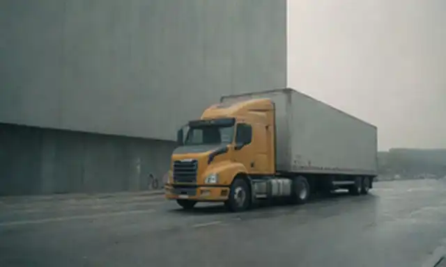 camión semi-trailer de 18 ruedas en una calle de la ciudad, estacionado frente a un edificio moderno con una mirada afligida o abandonada, rodeado de una leve escobilla de contaminación, con un sutil toque de lucha financiera, transmitiendo un sentido de incertidumbre e inquietud