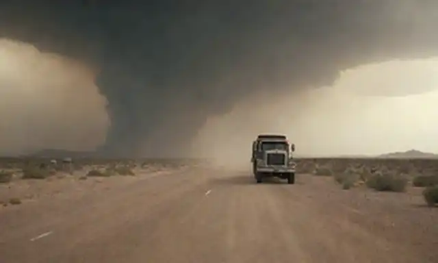 Un camión que conduce a través de un paisaje desértico con una nube oscura que sobresale