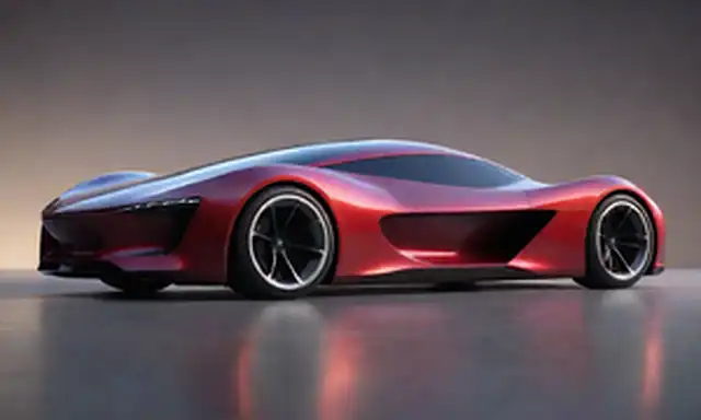 Un coche futurista y elegante con un esquema de color audaz, estacionado en un fondo minimalista, con iluminación suave y cálida, capturando su diseño aerodinámico y prominente puerto de carga, transmitiendo un sentido de innovación y modernidad, acompañado de una sombra sutil o reflexión para insinuar la tecnología interior, todo en alta definición