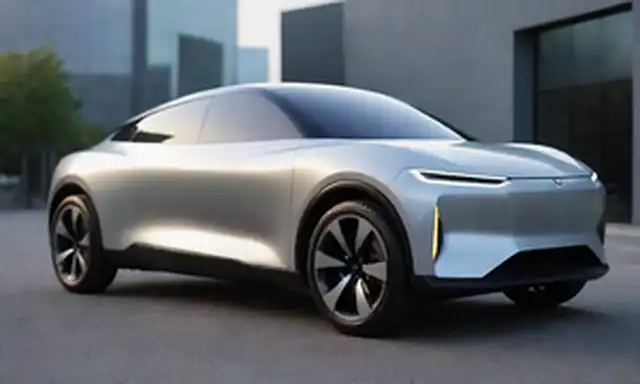 Un coche eléctrico elegante y compacto con un diseño futurista, posiblemente en plata metálica o color blanco, con líneas atrevidas y características angulares, mostrado desde múltiples ángulos o en movimiento, destacando su forma aerodinámica, luces brillantes y tecnología de vanguardia, configurada en un fondo minimalista o urbano