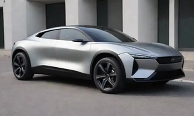 coche de 4 puertas con un diseño futurista, tamaño compacto, faros LED, puerto de carga eléctrica, techo panorámico, ruedas de aleación, esquema de color contrastante (por ejemplo, plata negra mate y metálica), lenguaje de diseño minimalista, líneas atrevidas, características aerodinámicas, arcos de rueda revestidos para dar cabida a grandes neumáticos
