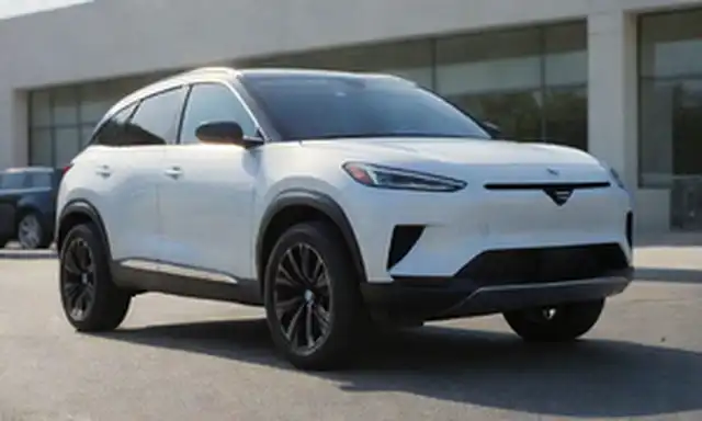 4x4 eléctrico SUV en un estacionamiento con luz solar brillante, diseño elegante con acentos cromáticos, ruedas grandes, techo panorámico abierto, puerta lateral de los conductores ligeramente ajar para revelar espacio interior