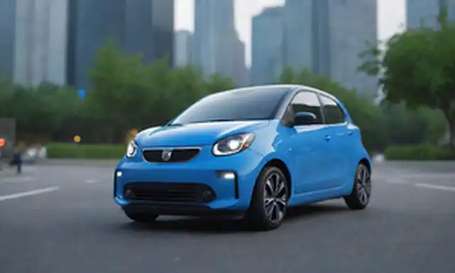 3D rendering of a compact city car, bright blue color scheme, urban backdrop with modern skyscrapers and greenery, parked on a curb, cargador cable conectado, luces LED sutiles en dashboard iluminado, puerta ligeramente abierta para revelar diseño interior minimalista, fondo borroso