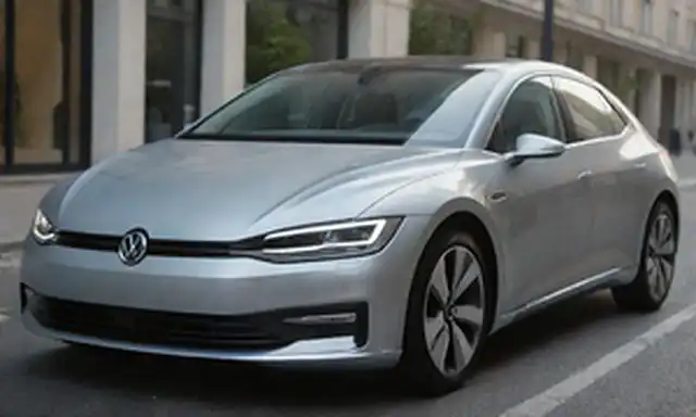 Vista de cerca, lado frontal izquierda, luz del día, entorno al aire libre, calle ciudad, coche aparcado, vehículo eléctrico, Volkswagen ID1 modelo, color plata, diseño elegante, características futuristas