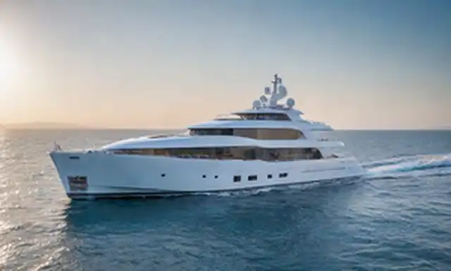 Sleek superyacht navegando a través de aguas tranquilas del océano, tanques de hidrógeno integrados en diseño elegante, paneles solares brillando a la luz del sol, ondas suavemente lapping contra casco, sistema de propulsión ecológica visible bajo cubierta, lujosos espacios interiores insinuados a través de grandes ventanales, fondo azul cielo con nubes wispy