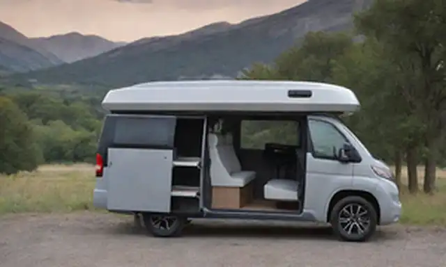 electric camper van con elementos de diseño moderno, luces LED, silueta elegante, amplio interior, amplio espacio de almacenamiento, asientos plegables, mesas ajustables, cocina exterior, paneles solares, llantas todo el tiempo, rack de equipaje listo para la aventura, capacidad fuera de la red, servicios familiares, integración tecnológica innovadora, sistema de navegación futurista