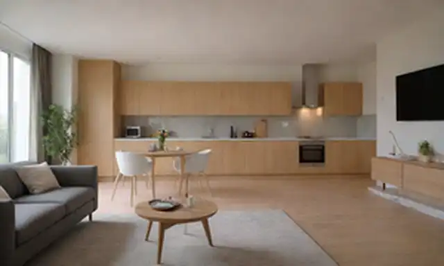 Un amplio y moderno interior con una sala de estar, una cocina totalmente equipada, una mesa de comedor y cómodos asientos para la relajación, con amplia luz natural, acentos de madera y elegantes características de diseño