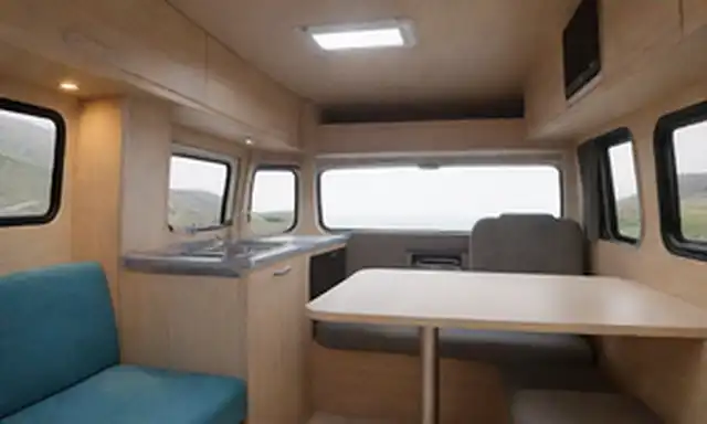 Diseño interior 3D con zona de cocina, lavabo y cama doble en una furgoneta compacta, colores brillantes, iluminación suave, electrodomésticos modernos, muebles de lujo, amplios compartimentos de almacenamiento, mesas y sillas retráctil, sofá plegable, materiales naturales, diseño ergonómico, decoración minimalista